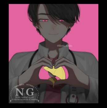 Rule 34 | 2boys, aged down, animification, black border, border, closed mouth, commentary request, hands up, heart, heart hands, highres, hoshi no shizuku, houjou emu, kamen rider, kamen rider ex-aid (series), long sleeves, male focus, multiple boys, pink background, pink eyes, pink shirt, shirt, short hair, simple background, stethoscope around neck, twitter username, umbrella, upper body, watermark, yellow umbrella