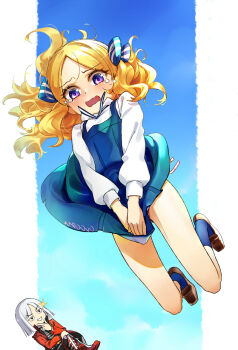 1boy 1girl bikini bikini_under_clothes blonde_hair blush clothes_lift coat commentary_request dress dress_lift embarrassed fate/strange_fake fate_(series) flat_chest francois_prelati_(fate) gold_bikini grey_hair haruri_borzak highres jumping long_hair open_mouth purple_hair rori_chuushin side-tie_bikini_bottom smile swimsuit tearing_up wind wind_lift