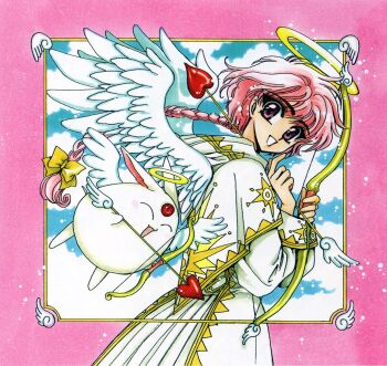 Rule 34 | 1990s (style), 1girl, :d, ^ ^, alternate costume, angel, angel wings, bow (weapon), braid, capelet, clamp (circle), closed eyes, creature, cupid, dress, feathered wings, forehead jewel, halo, highres, holding, holding bow (weapon), holding weapon, looking at viewer, magic knight rayearth, mokona, non-web source, open mouth, pink eyes, pink hair, retro artstyle, scan, shidou hikaru, single braid, smile, weapon, white capelet, white dress, white wings, wings
