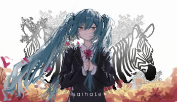 1girl absurdres animal black_jacket blazer blue_eyes blue_hair commentary falling_petals flower hatsune_miku hatsune_miku_(saihate) highres holding holding_flower jacket long_hair looking_at_viewer own_hands_together petals project_diva_(series) saihate_(vocaloid) smile solo song_name split_mouth tearing_up twintails upper_body vanilla_flan very_long_hair vocaloid white_background zebra