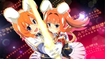 2girls animal_ears black_leotard blue_eyes bow_(weapon) chiester410 chiester410_(cosplay) chiester45 chiester45_(cosplay) closed_mouth cosplay cowboy_shot creator_connection flipped_hair game_cg gloves gradient_background hair_intakes highres higurashi_no_naku_koro_ni higurashi_no_naku_koro_ni_mei holding holding_bow_(weapon) holding_hands holding_weapon houtani_nao jacket lens_flare leotard long_hair long_sleeves looking_at_viewer multiple_girls no_hairband non-circular_lens_flare non-web_source official_alternate_hairstyle official_art open_mouth orange_hair pleated_skirt rabbit_ears red_background ryuuguu_rena short_hair showgirl_skirt siblings sisters skirt standing text_background twintails v-shaped_eyebrows weapon white_gloves white_jacket white_skirt