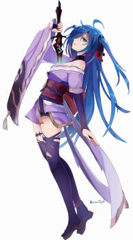 1girl ahoge arm_up armor artist_name asymmetrical_sleeves black_panties blue_eyes blue_hair breasts bridal_gauntlets commentary cosplay crossover detached_collar english_commentary eye_trail floating from_side full_moon genshin_impact glowing glowing_eye gradient_hair grey_background hair_over_one_eye hair_ribbon highres holding holding_sword holding_weapon huge_ahoge japanese_armor japanese_clothes keanu-type0 kimono leaning_back light_trail long_hair medium_breasts moon multicolored_hair neck_ribbon off_shoulder open_mouth panties purple_kimono purple_thighhighs raiden_shogun raiden_shogun_(cosplay) red_ribbon red_sash ribbon sash setsuna_(ta_ga_tame_no_alchemist) shade short_twintails simple_background single_bare_shoulder solo sword ta_ga_tame_no_alchemist thighhighs thighs torn_clothes torn_thighhighs twintails underwear uneven_sleeves weapon wide_sleeves