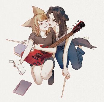 Rule 34 | 2girls, animal ears, biting, biting cheek, black eyes, black hair, black shirt, blonde hair, blue pants, brown eyes, commentary, dog ears, dog girl, dog tail, drumsticks, electric guitar, fang, fox ears, fox girl, grey tank top, guitar, hashtag-only commentary, highres, holding, holding drumsticks, holding guitar, holding instrument, holding notepad, instrument, kemonomimi mode, long hair, medium hair, mole, mole above mouth, multiple girls, notepad, one eye closed, pants, real life, sasaki rico (voice actor), shirt, short sleeves, tail, tank top, teeth, voice actor, xinyi6239222644, yonezawa akane, yuri