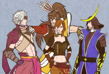 1girl 3boys armor brown_hair chosokabe_motochika_(sengoku_basara) date_masamune_(sengoku_basara) long_hair maeda_keiji_(sengoku_basara) monkey multiple_boys navel open_mouth saika_magoichi_(sengoku_basara) sengoku_basara short_hair silver_hair sweat tongue yumikichi
