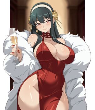 1girl bare_shoulders black_hair border breasts brown_background champagne_flute closed_mouth coat commentary covered_navel cowboy_shot cup dress drink drinking_glass english_commentary fur_coat hairband highres holding holding_drink large_breasts long_hair looking_at_viewer open_clothes open_coat outside_border pelvic_curtain pillarboxed red_dress red_eyes red_nails signature sleeveless sleeveless_dress smile solo spy_x_family standing vizaz white_border white_coat white_hairband yor_briar