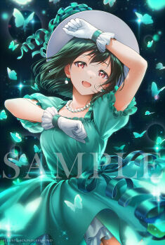 1girl brown_eyes bug butterfly commentary dress emotion_(love_live!) english_commentary gloves green_dress green_hair green_theme hat highres insect jewelry kaze-hime looking_at_viewer love_live! love_live!_nijigasaki_high_school_idol_club medium_hair mifune_shioriko necklace open_mouth pearl_necklace solo tumblr_username white_gloves white_hat
