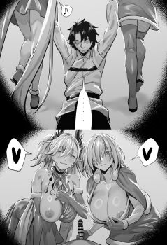 1boy 2girls bar_censor breasts capelet carrying censored christmas commentary_request fate/grand_order fate_(series) ffm_threesome fujimaru_ritsuka_(male) greyscale group_sex heart hetero highres hxd large_breasts lilith_(fate) long_hair looking_at_viewer mash_kyrielight monochrome multiple_girls nipples one_breast_out penis pov short_hair smile spoken_blush spoken_heart threesome twintails very_long_hair