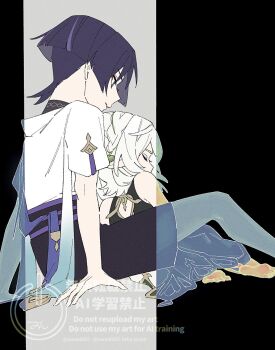 1boy 1girl arm_at_side arm_support bare_shoulders barefoot behind_another belt between_legs black_belt black_border black_dress black_hair black_shorts bluesky_username blunt_ends border braid closed_eyes dress eyelashes eyeliner facing_to_the_side furisode genshin_impact green_hair hair_ornament half_crown_braid head_down highres japanese_clothes kimono leaf leaf_hair_ornament leaning_on_person makeup multicolored_hair nahida_(genshin_impact) parted_lips pillarboxed purple_eyes purple_hair purple_rope purple_sash red_eyeliner rope sash scaramouche_(genshin_impact) short_sleeves shorts sitting streaked_hair toes tsurime twitter_username uwao0607 wanderer_(genshin_impact) watermark white_kimono white_sleeves