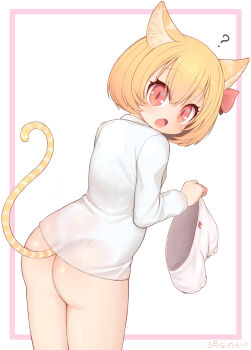 1girl :o ? animal_ears ass blonde_hair bloomers blush bottomless bow cat_ears cat_tail commentary_request cowboy_shot fang from_behind hair_bow harunoha highres kemonomimi_mode long_sleeves looking_at_viewer looking_back open_mouth red_bow rumia short_hair simple_background skin_fang solo tail touhou underwear unworn_bloomers white_background white_bloomers