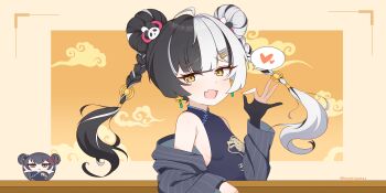 2girls absurdres alternate_costume black_hair braid braided_twintails commentary_request cosplay crossover dialyn_(zenless_zone_zero) foxeatrice_0121 hair_ornament highres jewelry kisaki_(blue_archive) kisaki_(blue_archive)_(cosplay) long_hair looking_at_viewer multicolored_hair multiple_girls open_mouth split-color_hair white_hair yellow_eyes zenless_zone_zero