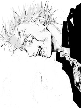 1boy black_jacket bleeding blood blood_on_clothes blood_on_face colored_eyelashes crazy crazy_eyes crazy_smile gojou_satoru highres injury jacket jujutsu_kaisen long_eyelashes looking_down male_focus monochrome n9c4z open_mouth shirt short_hair simple_background sketch smile solo solo_focus teeth upper_body v-shaped_eyebrows white_background white_eyelashes white_hair white_shirt