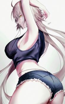 Rule 34 | 1girl, absurdres, ahoge, alternate costume, armpits, ass, bare shoulders, black shirt, breasts, commentary, fate/grand order, fate (series), grey hair, hashtag-only commentary, highres, jeanne d'arc alter (fate), jewelry, large breasts, long hair, looking at viewer, micro shorts, midriff, mouth hold, necklace, pale skin, profile, shirt, shorts, signature, simple background, sleeveless, sleeveless shirt, solo, sow graden429, very long hair, white background, yellow eyes