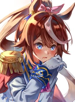 1girl absurdres animal_ears ascot blue_eyes bow brown_hair double-parted_bangs ear_ornament epaulettes hair_between_eyes hashtag-only_commentary highres horse_ears horse_girl long_hair long_sleeves open_mouth pink_ascot pink_bow ponytail shirt simple_background single_epaulette solo sweat tokai_teio_(peak_joy)_(umamusume) tokai_teio_(umamusume) umamusume upper_body white_background white_hair white_shirt yuha6666