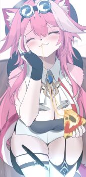 1girl animal_ear_fluff animal_ears animal_nose artist_glove ascot black_tube_top blush body_fur breasts cheese cheese_trail cleavage closed_eyes eating food furrification furry furry_female garter_straps goggles goggles_on_head hand_on_own_cheek hand_on_own_face highres holding holding_food holding_pizza hololive hololive_english large_breasts long_hair margherita_pizza multicolored_hair panther_ears panther_girl panther_tail pen pink_hair pizza pizza_slice raora_panthera raora_panthera_(1st_costume) single_garter_strap skindentation solo strapless streaked_hair tail thighhighs thighs tube_top virtual_youtuber white_ascot yotsumoto_yuu