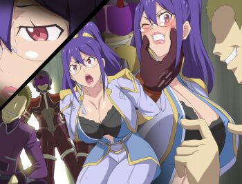 1girl angry arms_behind_back black_bra blush bound bra breast_poke breasts cleavage clenched_teeth glasses gloves grabbing_another's_chin group_sex hair_between_eyes hand_on_another's_chin high_ponytail imminent_rape indoors jacket jo_aysel large_breasts legs long_hair looking_at_viewer makino_tomoyasu multiple_boys multiple_views no_eyes one_eye_closed open_clothes open_mouth poking ponytail purple_hair red_eyes sequential smile standing teeth thighs tied_up underwear zoids zoids_wild zoids_wild_zero