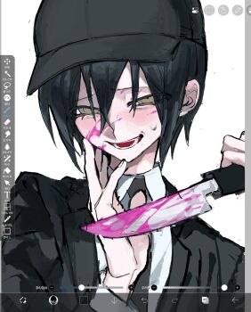 1boy art_program_in_frame black_hair black_hat black_jacket blood blood_on_face bloody_knife blush brown_eyes collared_shirt commentary_request danganronpa_(series) danganronpa_v3:_killing_harmony eyelashes hair_between_eyes half-closed_eyes hand_on_own_cheek hand_on_own_face hat highres holding holding_knife jacket kitchen_knife knife korean_commentary long_sleeves looking_at_viewer male_focus necktie open_mouth pink_blood portrait saihara_shuichi school_uniform shirt short_hair smile teeth waguwagu090908 yandere