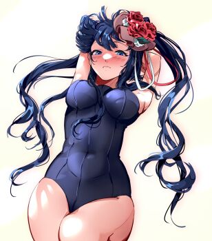 1girl absurdres blue_eyes blue_hair blush breasts flower furudo_erika hair_flower hair_ornament highres large_breasts long_hair looking_at_viewer lying one-piece_swimsuit ribbon solo swimsuit thick_thighs thighs twintails umineko_no_naku_koro_ni uneasywolf