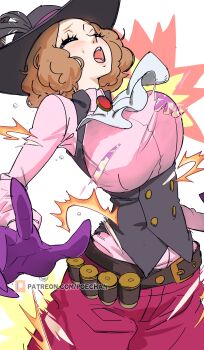 1girl absurdres ascot atlus attack bandolier belt black_hat black_vest blush breasts brown_belt brown_hair buttons closed_eyes collared_shirt cuts gasp gem gloves hat hat_feather highres injury large_breasts long_sleeves noir_(persona_5) okumura_haru open_mouth pants persona persona_5 pink_shirt poechan_chan purple_gloves red_gem red_pants red_shorts screaming shirt short_hair shorts slashing solo sweatdrop tears torn_clothes underbust vest white_ascot