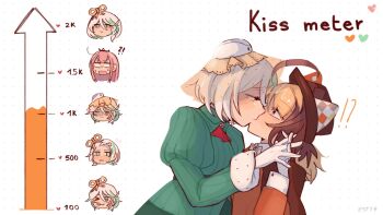 3girls anger_vein blush brown_hair brown_streaks cecilia_immergreen closed_mouth commentary dotted_background dress english_commentary expressionless gigi_murin gloves green_dress green_eyes green_streaks heart highres hololive hololive_english interlocked_fingers kiss kiss_meter_(meme) long_hair meme mole mole_under_eye mori_calliope multiple_girls orange_dress pink_eyes pink_hair short_hair smile sticker_sr tears victorian virtual_youtuber white_gloves white_hair winding_key yuri