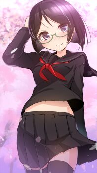 1girl absurdres alternate_costume black_eyes black_hair black_sailor_collar black_serafuku black_shirt black_skirt black_thighhighs bob_cut cowboy_shot glasses highres kantai_collection kirishima_(kancolle) narashika_asuka neckerchief pleated_skirt red_neckerchief sailor_collar school_uniform serafuku shirt short_hair skirt smile solo thighhighs winter_uniform