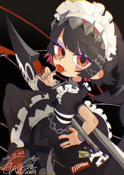 1girl 2025 absurdres artist_name black_background black_dress black_hair blurry blurry_foreground candy chain colored_inner_hair dated dress ellen_joe fang fins fish_tail food frilled_wristband from_side hairband hand_on_own_hip highres holding holding_behind_back holding_candy holding_food holding_lollipop holding_weapon_behind_back lollipop lollipop_in_mouth looking_at_viewer looking_back maid_headdress metal_hairband mole mole_under_eye mori_no_ji multicolored_hair open_mouth razor_blade_hair_ornament red_eyes scar scar_on_tail shark_girl shark_tail short_hair signature solo spiked_headband tail weapon zenless_zone_zero