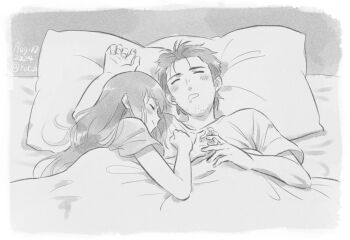 Rule 34 | 1boy, 1girl, beard stubble, bed, bed sheet, blanket, blush, closed eyes, commentary request, couple, drooling, facial hair, greyscale, hetero, interlocked fingers, long hair, lying, makise kurisu, monochrome, okabe rintarou, on back, on bed, on side, pillow, rocni, science adventure, shared bed, short hair, sleeping, sleeping on person, steins;gate, stubble, under covers