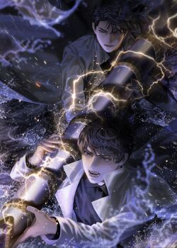 2boys black_coat black_hair black_shirt blackbox_(blackbox9158) coat highres holding kim_dokja lightning male_focus multiple_boys official_art omniscient_reader's_viewpoint open_clothes open_coat open_mouth popped_collar rain serious shirt short_hair third-party_source upper_body white_coat yoo_joonghyuk