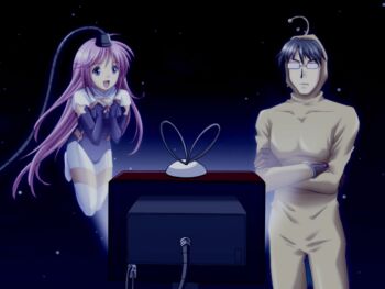 Rule 34 | 1boy, 1girl, :d, antennae, black hair, blue eyes, bodysuit, closed mouth, clothing cutout, covered collarbone, cowboy shot, crossed arms, dark background, fingerless gloves, floating, gloves, jang puu, kashimashi, kashimashi girl meets girl: hajimete no natsu monogatari, long hair, non-web source, open mouth, rectangular eyewear, short hair, smile, sora hitoshi, split mouth, star cutout, tagme, v-shaped eyebrows, very long hair, watching television, yellow bodysuit