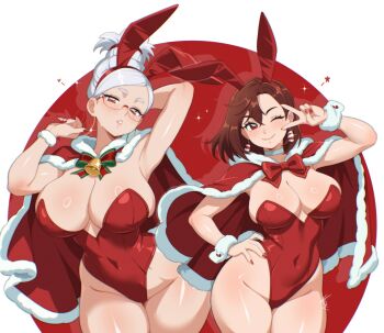 2girls alternate_costume animal_ears arm_behind_head arm_up armpits ayase_momo ayase_seiko bell bow bowtie breasts brown_eyes brown_hair cape choker christmas cleavage closed_mouth commentary covered_navel cowboy_shot dandadan earrings fake_animal_ears fur-trimmed_cape fur_trim fur_wrist_cuffs glasses grandmother_and_granddaughter hair_up hairband hand_on_own_hip highleg highleg_leotard highres hoop_earrings jewelry large_breasts leotard long_hair looking_at_viewer mature_female multiple_girls nail_polish neck_bell neck_ribbon one_eye_closed parted_lips playboy_bunny rabbit_ears red_bow red_bowtie red_cape red_hairband red_leotard red_nails ribbon short_hair smile sparkle star_(symbol) strapless strapless_leotard symbol-only_commentary thighs v vizaz white_choker white_hair wide_hips wrist_cuffs