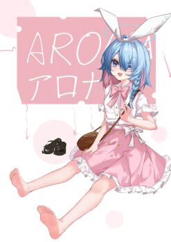 1girl :d alternate_costume arona_(blue_archive) bag barefoot black_shoes blue_archive blue_eyes blue_hair blue_pupils bow bow_hairband bowtie braid buttons casual character_name collared_shirt colored_inner_hair commentary crossbody_bag doodle_sensei_(blue_archive) dot_nose eyes_visible_through_hair feet frilled_shirt frills full_body hair_over_one_eye hairband hand_on_own_leg hand_on_own_thigh hand_up highres invisible_floor kakyouin2002 large_bow legs_apart light_blush looking_at_viewer mary_janes medium_hair medium_skirt multicolored_hair open_hand open_mouth petticoat pink_background pink_bow pink_bowtie pink_hair pink_skirt sensei_(blue_archive) shirt shirt_tucked_in shoes shoulder_bag side_braid simple_background single_braid sitting skirt skirt_bow smile soles solo two-tone_hair unworn_shoes white_background white_bow white_hairband white_shirt