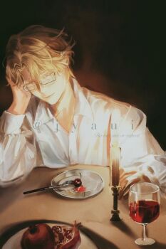 1boy alcohol alien_stage artist_name blonde_hair candle cherry collared_shirt commentary cup drinking_glass food fork fruit glasses highres jyauii long_sleeves luka_(alien_stage) male_focus plate pomegranate puffy_long_sleeves puffy_sleeves rectangular_eyewear red_wine shirt short_hair solo very_short_hair white_shirt wine wine_glass