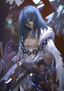 Rule 34 | 2boys, azrael (grand assassin) (fate), bags under eyes, black eyes, blue eyes, blue hair, chain, commentary request, dark-skinned male, dark skin, facial scar, fate/grand order, fate (series), hair between eyes, hair ornament, holding, holding sword, holding weapon, hood, hood up, king hassan (fate), long hair, looking at viewer, male focus, mask, multiple boys, neko no kedama, pectorals, robe, scar, scar on cheek, scar on chest, scar on face, scar on neck, skull mask, sword, torn clothes, torn robe, weapon