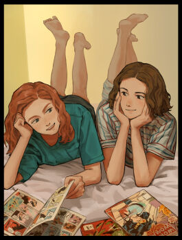 Rule 34 | 2girls, barefoot, brown hair, c-fish, commentary request, eleven (stranger things), green eyes, highres, holding, holding magazine, indoors, long hair, magazine (object), max mayfield, multiple girls, open magazine, orange hair, shirt, smile, stranger things, striped clothes, striped shirt, vertical-striped clothes, vertical-striped shirt