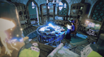 1girl absurdly_detailed_composition absurdres black_hair blue_hat blue_necktie blue_robe book bookshelf brown_eyes carpet chain chair chinese_commentary closed_mouth commentary expressionless hair_between_eyes hat highres holding indoors loaded_interior long_hair long_sleeves looking_at_object maionese necktie original potion robe runes scenery scroll sitting solo telescope weighing_scale wide_shot wide_sleeves witch_hat wooden_floor