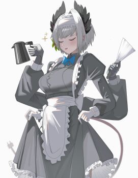 1girl absurdres alternate_costume apron arknights black_dress black_gloves black_wings blue_bow blue_bowtie bow bowtie breasts cable cable_tail closed_eyes coffee_pot collared_shirt cowboy_shot dark-skinned_female dark_skin dress electric_plug electric_plug_tail enmaided extra_arms frilled_dress frills gloves grey_hair head_wings highres holding holding_brush holding_coffee_pot juliet_sleeves large_breasts light_blush long_sleeves maid maid_apron maid_headdress mechanical_tail open_mouth pink_gloves puffy_sleeves raidian_(arknights) shirt short_hair simple_background single_hair_intake skirt_hold smile solo spam_(spamham4506) sparkle tail white_background wings
