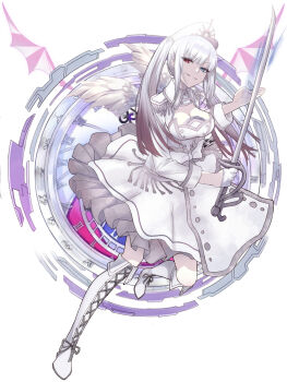 1girl blue_eyes blush boots breasts cleavage clock clock_eyes clockwork commentary_request date_a_live date_a_live:_date_a_bullet dress feathered_wings frilled_garter_belt gloves heterochromia highres large_breasts long_hair long_sleeves looking_at_viewer military_uniform red_eyes revision saint_laurent_paris silver_gloves simple_background smile solo symbol-shaped_pupils twintails white_background white_boots white_dress white_gloves white_hair white_queen_(date_a_live) white_wings wings