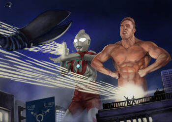 2boys abs baltan_seijin billy_herrington building closed_eyes gachimuchi male_focus multiple_boys muscular night nipples nude road_sign sign skyscraper tokusatsu ultra_beam ultra_series ultraman what zeze