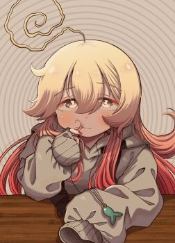Rule 34 | 1girl, absurdres, ahoge, antenna hair, blonde hair, colored eyelashes, eyelashes through hair, hair between eyes, highres, huge ahoge, igarashi yuusuke (wabisabi buriki), jacket, looking at viewer, multicolored hair, original, red hair, red nails, solo, table, two-tone hair, very long sleeves, wooden table