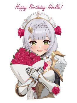 1girl absurdres armor blush bouquet braid breasts commentary flower genshin_impact grey_hair hair_ornament happy_birthday highres holding holding_bouquet klashikari knight long_sleeves looking_at_viewer maid medium_breasts noelle_(genshin_impact) open_mouth red_flower red_rose rose short_hair shoulder_armor simple_background smile solo upper_body white_background