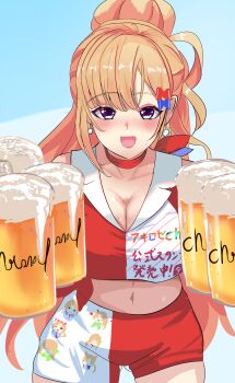 1girl absurdres aki_rosenthal aki_rosenthal_(7th_costume) beer_mug blonde_hair blush breasts cleavage commentary_request cropped_shirt cup green_eyes hair_ornament highres holding holding_cup hololive kurogomatcha large_breasts letter_hair_ornament long_hair looking_at_viewer mug multicolored_shoes navel open_mouth ponytail red_shirt red_shorts shirt shorts smile solo two-tone_shirt two-tone_shorts virtual_youtuber white_shirt white_shorts