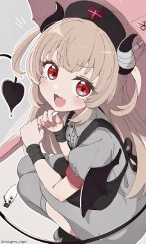 Rule 34 | 1girl, apron, bandaged horn, bat wings, black apron, black hat, black horns, black tail, black wings, blonde hair, blush, commentary, demon tail, fang, grey shirt, grey thighhighs, hat, heart, heart print, holding, holding umbrella, horns, long hair, looking at viewer, nakagawa (nakagawa sugar), natori sana, natori sana (devil natori), notice lines, nurse cap, open mouth, outline, red eyes, sana channel, shirt, short sleeves, skin fang, solo, squatting, tail, thighhighs, twitter username, two side up, umbrella, untranslatable commentary, virtual youtuber, white outline, wings