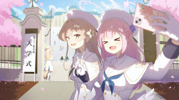 >_< 3girls :d aged_down alternate_costume alternate_hairstyle animal_ears beret black_neckerchief blonde_hair blue_archive blue_neckerchief blue_sky blunt_bangs blurry braid breasts brown_hair buttons cellphone cherry_blossoms commentary_request dappled_sunlight day depth_of_field double-breasted dress entrance_ceremony extra_ears falling_petals feathered_wings flower fox_ears fox_girl fox_tail gloves hair_flower hair_intakes hair_ornament half_up_braid halo hamachikichiki happy hat highres holding holding_phone locked_arms long_hair long_sleeves looking_at_another looking_at_viewer looking_back low_wings medium_breasts mika_(blue_archive) multiple_girls nagisa_(blue_archive) neckerchief open_mouth outdoors pantyhose petals phone pink_hair pink_halo purple_flower school school_uniform seia_(blue_archive) selfie serafuku shy sidelocks single_braid sky smartphone smile stairs sunlight tail tea_party_(blue_archive) trinity_general_school_logo upper_body v wavy_mouth white_dress white_gloves white_hat white_pantyhose white_serafuku white_wings wings xd yellow_halo