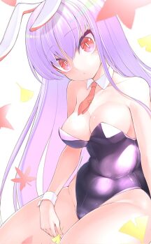 1girl animal_ears breasts cameltoe cleavage detached_collar harunoha highres long_hair looking_at_viewer medium_breasts navel necktie playboy playboy_bunny purple_eyes rabbit_ears rabbit_girl red_eyes reisen_udongein_inaba simple_background sitting thighs touhou very_long_hair white_background wrist_cuffs