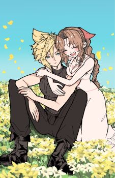 1boy 1girl aerith_gainsborough arms_around_neck bare_arms bare_shoulders black_boots black_pants black_shirt blonde_hair blue_eyes blue_sky blush boots braid braided_ponytail breasts brown_hair choker cleavage closed_eyes closed_mouth cloud_strife commentary_request couple dress falling_petals field final_fantasy final_fantasy_vii final_fantasy_vii_rebirth final_fantasy_vii_remake flower flower_choker flower_field full_body hair_between_eyes hair_ribbon hetero highres hug hug_from_behind kneeling laughing lily_(flower) long_dress long_hair meadow medium_breasts open_mouth pants parted_bangs petals pink_dress pink_ribbon ribbed_shirt ribbon shirt short_hair sidelocks single_braid sitting sky sleeveless sleeveless_dress sleeveless_turtleneck smile souse_me spiked_hair turtleneck white_flower yellow_flower yellow_petals