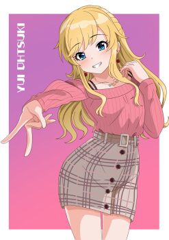1girl belt belt_buckle blonde_hair blue_eyes bra_strap buckle character_name choppy_bangs commentary_request cowboy_shot gradient_background grey_skirt grin hands_up highres idolmaster idolmaster_cinderella_girls illustscody jewelry long_hair long_sleeves looking_at_viewer miniskirt necklace ohtsuki_yui outstretched_arm parted_bangs pink_background pink_sweater plaid_clothes plaid_skirt ribbed_sweater skirt smile solo sweater sweater_tucked_in v