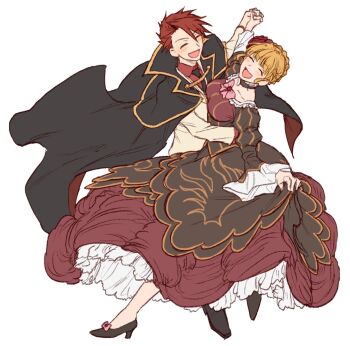 1boy 1girl arm_around_waist beatrice_(umineko) black_cape black_choker black_dress black_necktie black_shoes blush bow cape choker closed_eyes clothes_lift collarbone collared_shirt dancing dress dress_lift frilled_choker frills full_body hair_ornament high_heels highres holding_hands hswoimuxk0pwr0h_(bbdan) interlocked_fingers jacket long_sleeves necktie orange_hair pink_bow puffy_long_sleeves puffy_sleeves red_shirt shirt shoes simple_background umineko_no_naku_koro_ni ushiromiya_battler white_background
