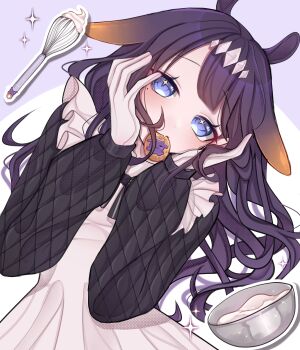 1girl absurdres alternate_costume animal_ears apron black_sweater blue_eyes blush bowl commentary cookie cream fang food gloves gradient_hair hair_ornament hands_on_own_face highres hololive hololive_english long_hair long_sleeves looking_at_viewer mole mole_under_eye mouth_hold multicolored_hair ninomae_ina&#039;nis parted_bangs purple_hair rosheil skin_fang solo sweater takodachi_(ninomae_ina&#039;nis) tentacle_hair upper_body virtual_youtuber whisk white_apron white_gloves