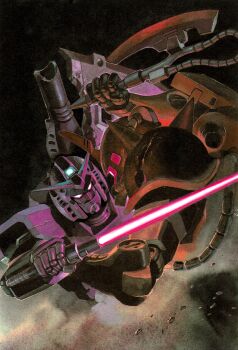 axe earth_federation_space_forces energy_sword gundam highres holding holding_weapon lightsaber mecha non-web_source robot rx-78-2_gundam sword weapon yasuhiko_yoshikazu zaku_ii zeon