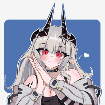1girl aqualazy arknights bare_shoulders black_choker blush breasts choker cleavage commentary grey_hair horns infection_monitor_(arknights) long_hair looking_at_viewer material_growth mudrock_(arknights) off_shoulder oripathy_lesion_(arknights) own_hands_together pointy_ears red_eyes smile solo upper_body very_long_hair
