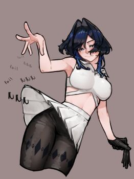 1girl bare_arms bare_shoulders black_hair black_pantyhose blue_eyes blue_hair breasts commentary cowboy_shot cropped_legs dragz1le gloves grey_background hair_intakes holding holding_gloves holding_unworn_clothes hololive hololive_english large_breasts looking_at_viewer midriff miniskirt multicolored_hair no_nut_november ouro_kronii pantyhose pleated_skirt simple_background single_glove skirt sleeveless smile solo two-tone_hair unworn_gloves virtual_youtuber white_skirt wing_collar